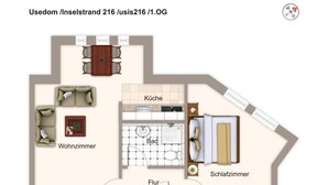 Plano de planta de una habitación de hotel con sala de estar, cocina, baño y dormitorio.