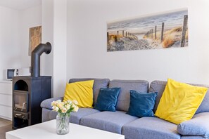 Télévision, cheminée, lecteur de DVD, chaîne hi-fi