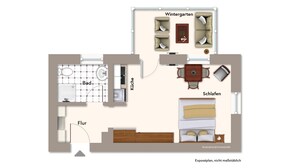 A floor plan of a villa with a bathroom, kitchen, living room, dining area, bedroom, and winter garden.