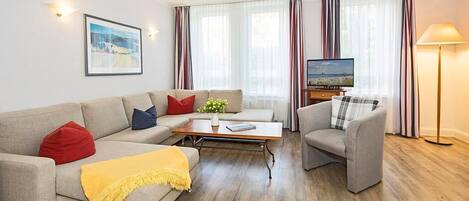 Televisio, DVD-soitin, kirjoja, stereot