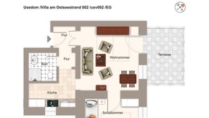 A floor plan of a villa with a kitchen, living room, dining area, terrace, bathroom, and bedroom.