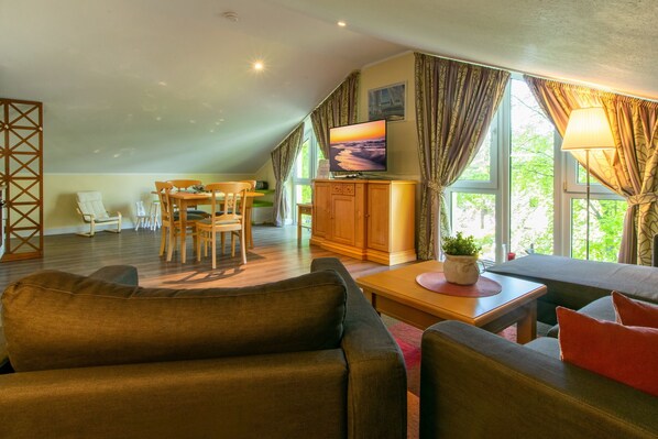 Télévision, lecteur de DVD, livres, chaîne hi-fi