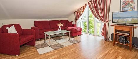 Télévision, lecteur de DVD, livres, chaîne hi-fi