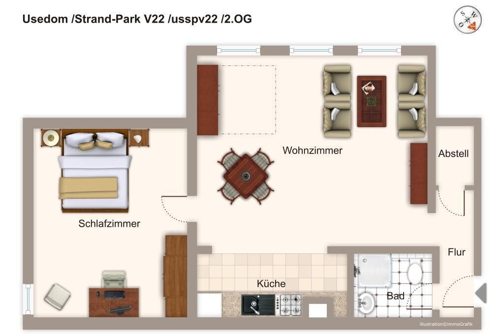 A 2-room apartment layout with a bedroom, living room, kitchen, bathroom, and a small balcony.
