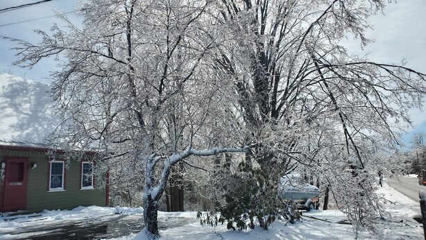 A snow-covered landscape with a house and a tree. - Serenity between the lakes and seashore (Westbrook)