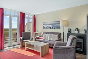 Télévision, cheminée, livres, chaîne hi-fi