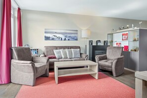 Télévision, cheminée, livres, chaîne hi-fi