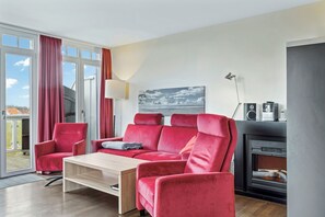 Télévision, cheminée, livres, chaîne hi-fi