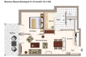 Un plan d’aménagement de chambre d’hôtel comprenant un balcon, une chambre, un espace de vie, une cuisine, une salle de bain et un sauna.