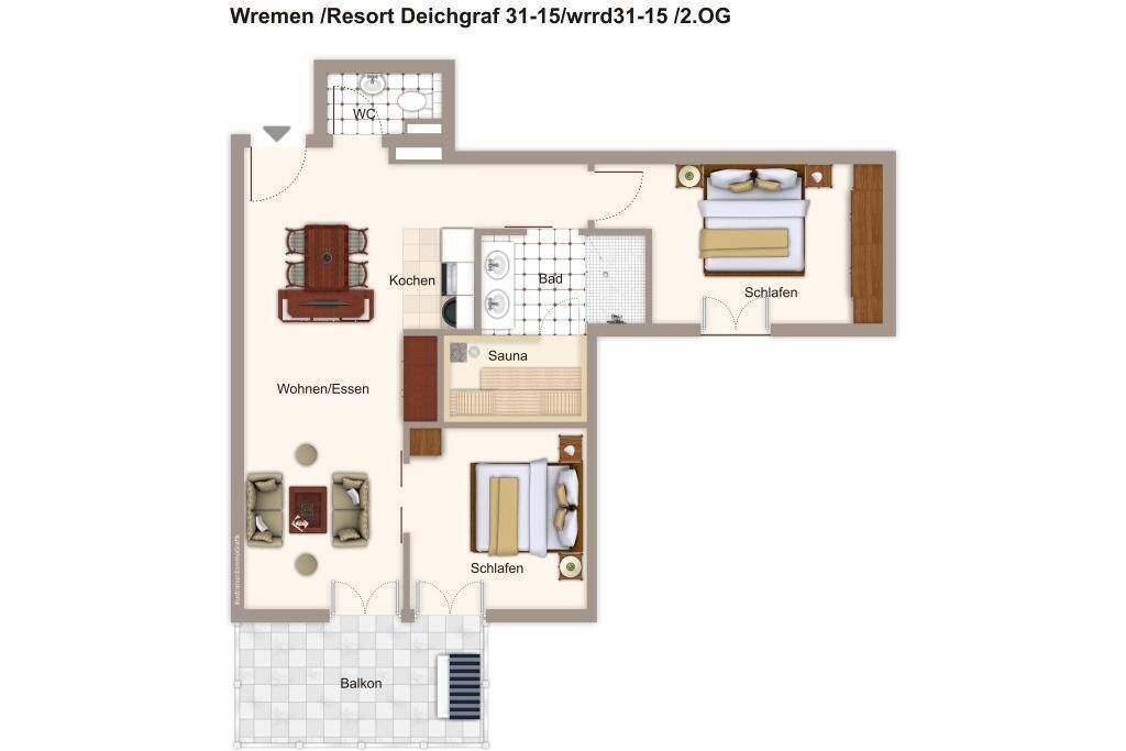 A hotel layout with a living room, kitchen, bathroom, sauna, two bedrooms, and a balcony.