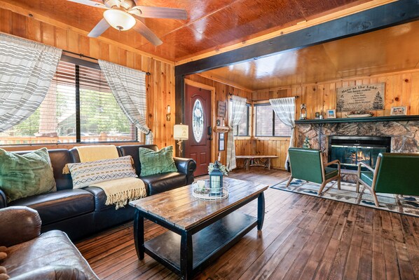 Smart TV, fireplace, video games, DVD player