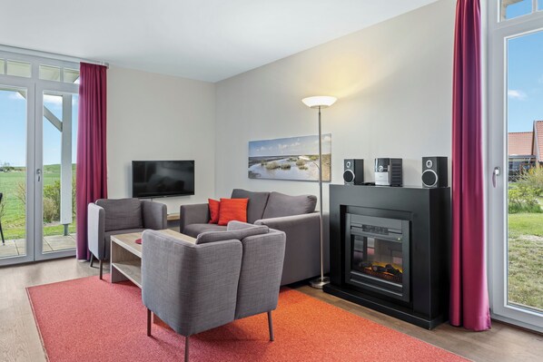 TV, fireplace, books, stereo