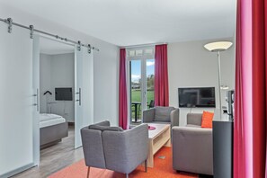 Télévision, cheminée, livres, chaîne hi-fi