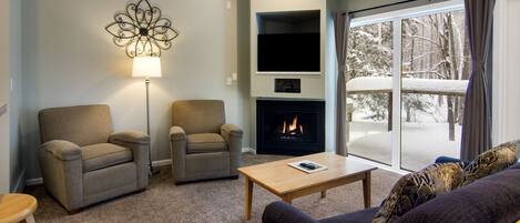 Televisión, chimenea, reproductor de DVD