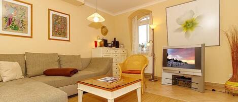 TV, DVD player, livros, aparelho de som