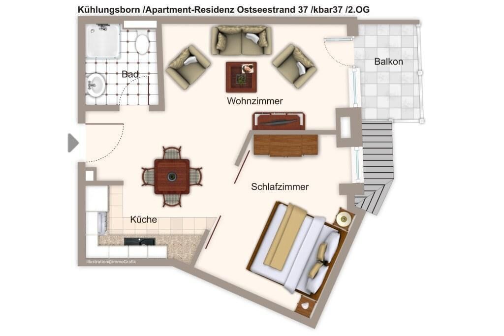 A floor plan of a residential apartment with a living room, bedroom, bathroom, kitchen, and balcony.