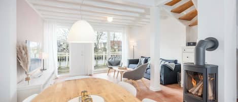 TV, fireplace, DVD player, books