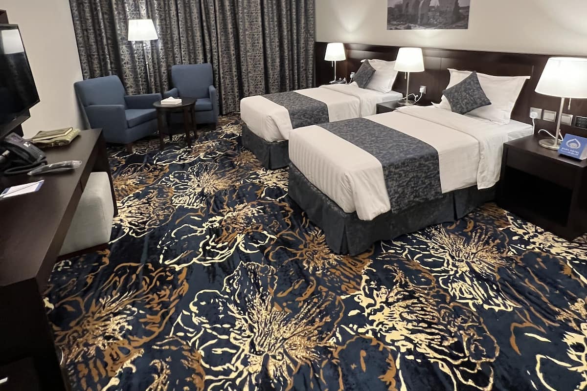 Habitación de hotel con dos camas, un escritorio, una silla, un televisor y una alfombra estampada.
