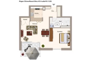 En hotellayout der viser stue, køkken, badeværelse, soveværelse, balkon og entre.