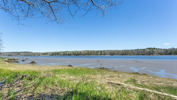 Enjoy a serene lakeside setting with a grassy area leading to a sandy beach and a forested hill line in the distance.