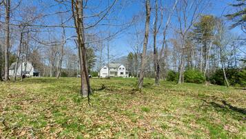 A large house surrounded by trees and a grassy yard.