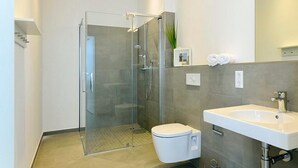 A modern bathroom with a glass-enclosed shower, a white toilet, and a sink with a mirror above it.