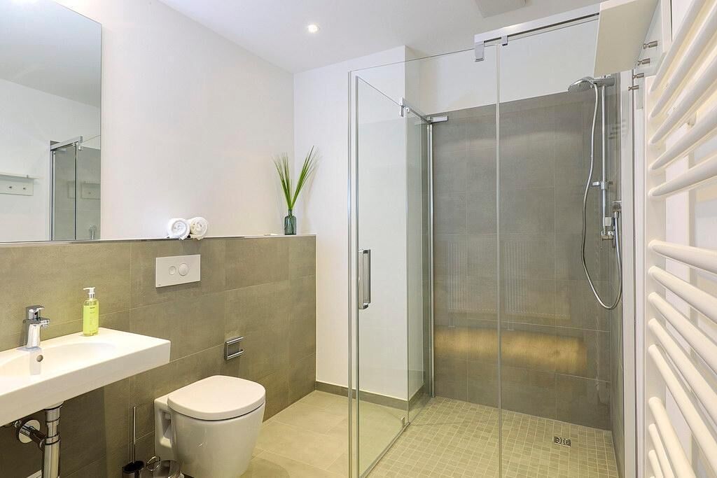 A modern bathroom with a glass shower enclosure, a toilet, and a sink with a mirror above.
