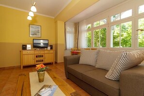 TV, DVD player, livros, aparelho de som