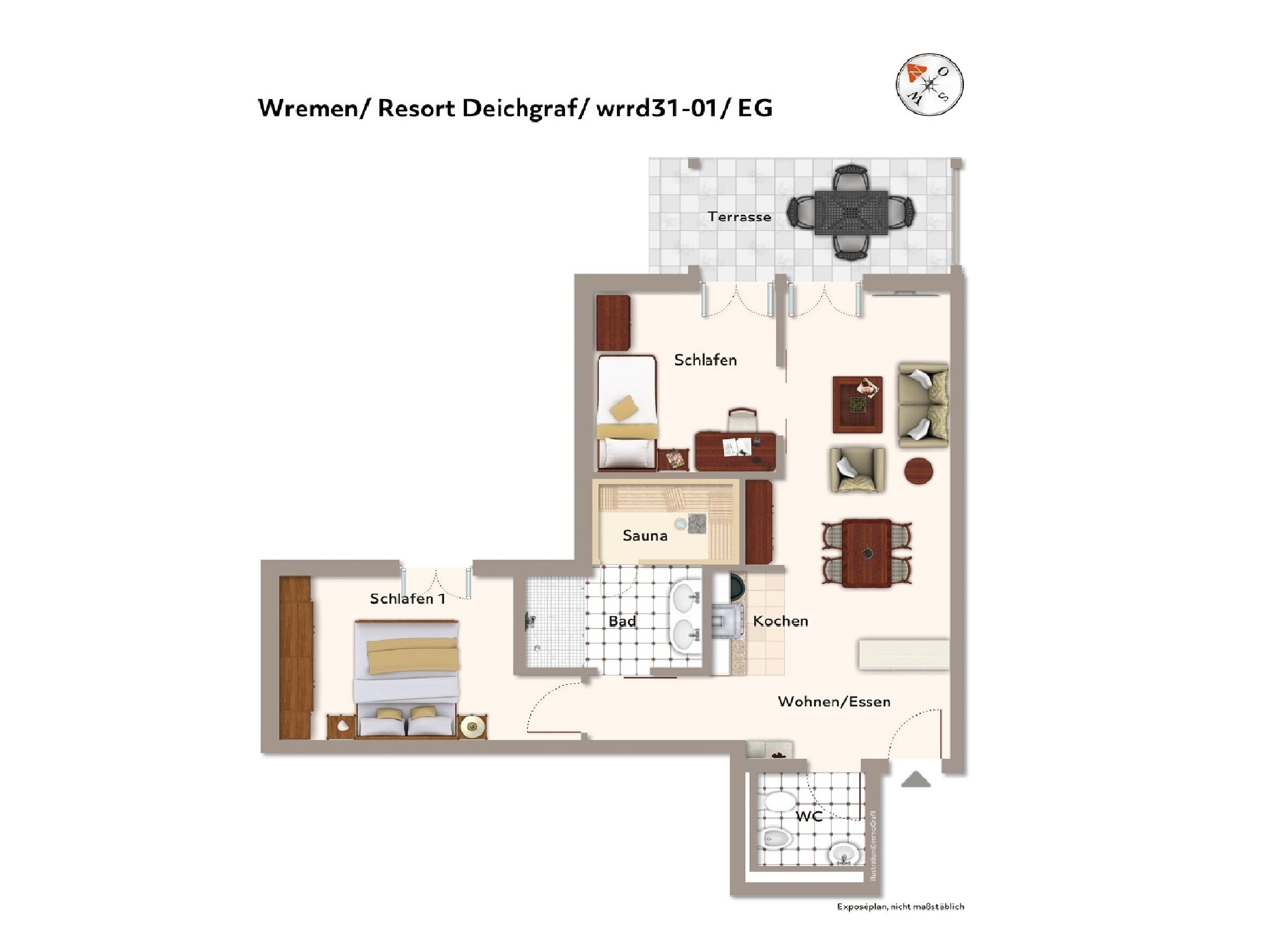Ein Grundriss eines Hotelzimmers mit Terrasse, zwei Schlafzimmern, einem Badezimmer, einer Küche und einem WC.
