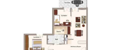 Plano de un cuarto de hotel con terraza, dos dormitorios, un baño, una cocina y un inodoro.