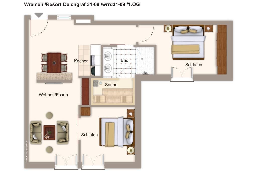 A hotel layout with a living room, two bedrooms, a bathroom, a kitchen, and a sauna.