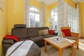 Télévision, lecteur de DVD, table de tennis de table, livres