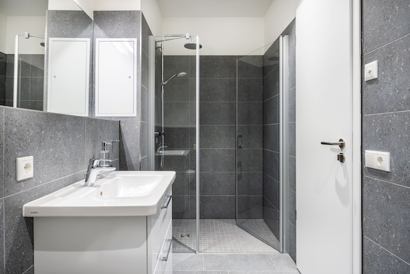 Shower, hair dryer, towels