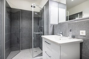 Shower, hair dryer, towels