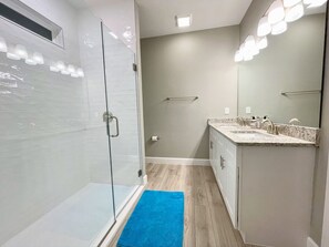 Bathroom features a glass shower enclosure and separate sink area with a countertop and mirror.