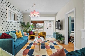 TV, fireplace, books, offices