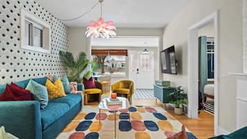 TV, fireplace, books, offices