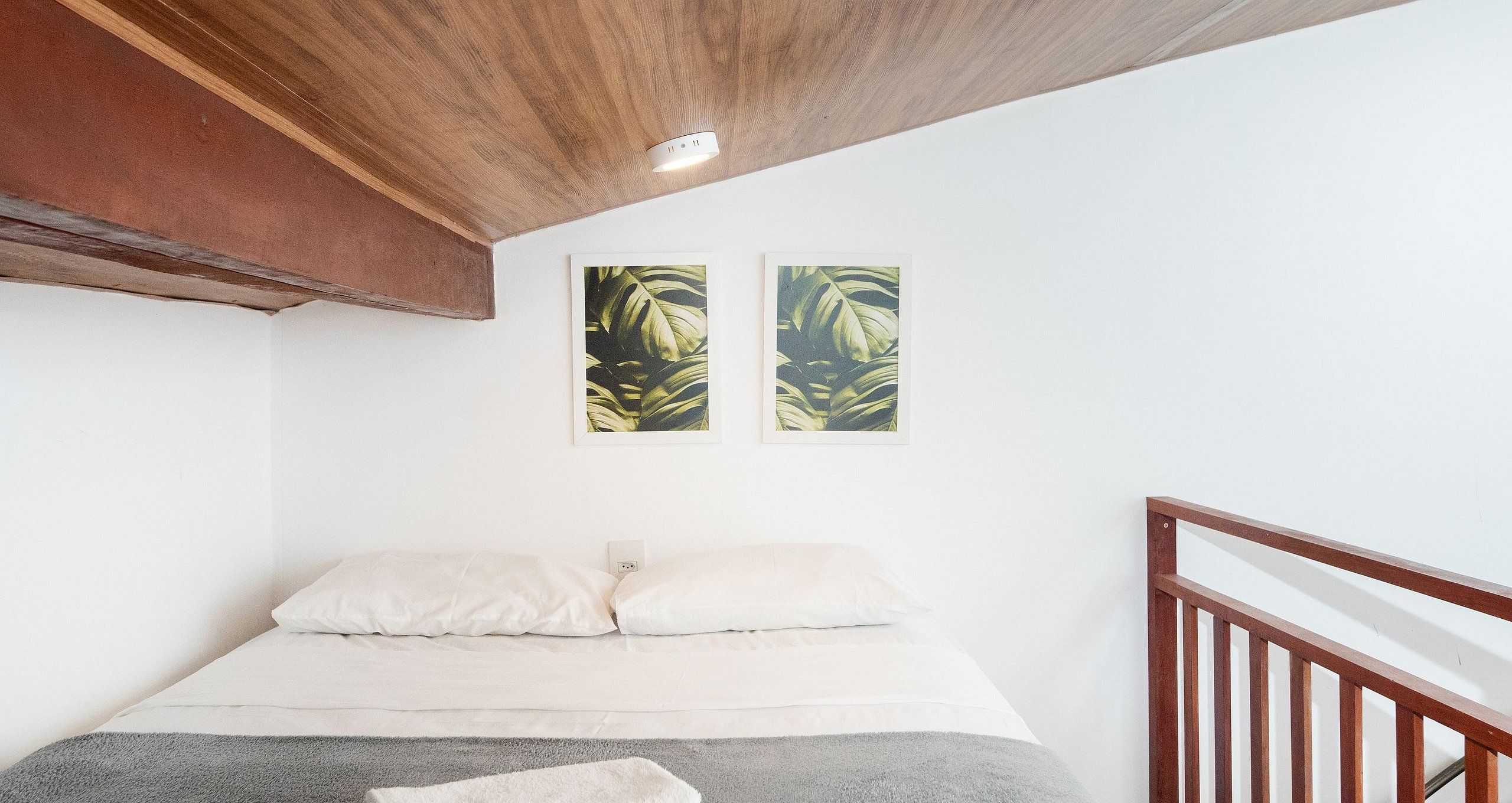 A bedroom with a bed, white walls, a wooden ceiling, and two framed leaf patterns on the wall.