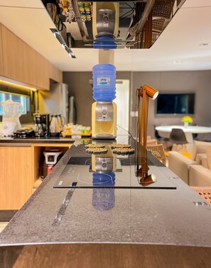 Deluxe Apartment, 2 Bedrooms, 2 Bathrooms, Ground Floor | Private kitchen | Fridge, microwave, cookware/dishes/utensils, cleaning supplies
