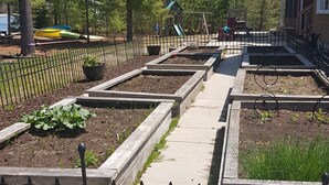 Un jardin avec des plates-bandes surélevées et un chemin.