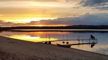 On the beach, sun-loungers, beach towels