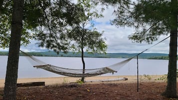 On the beach, sun-loungers, beach towels