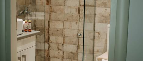 Combined shower/tub, hair dryer, towels