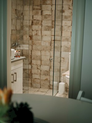 Un baño con cabina de ducha de vidrio, un lavamanos blanco y un inodoro.