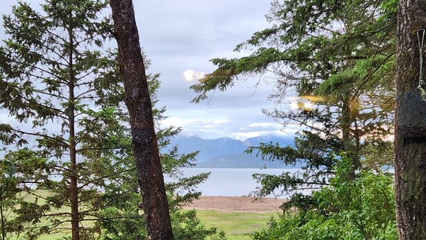 A view of a lake with mountains in the background, surrounded by trees and a metal railing. - Cozy Lake and Mountain View House (Somers)