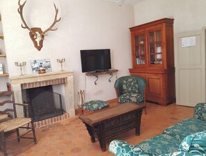 Televisie, een open haard, een dvd-speler en een tafeltennistafel