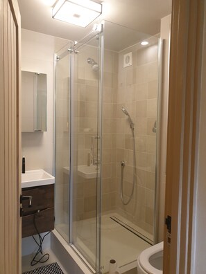 Shower, hair dryer, towels, soap