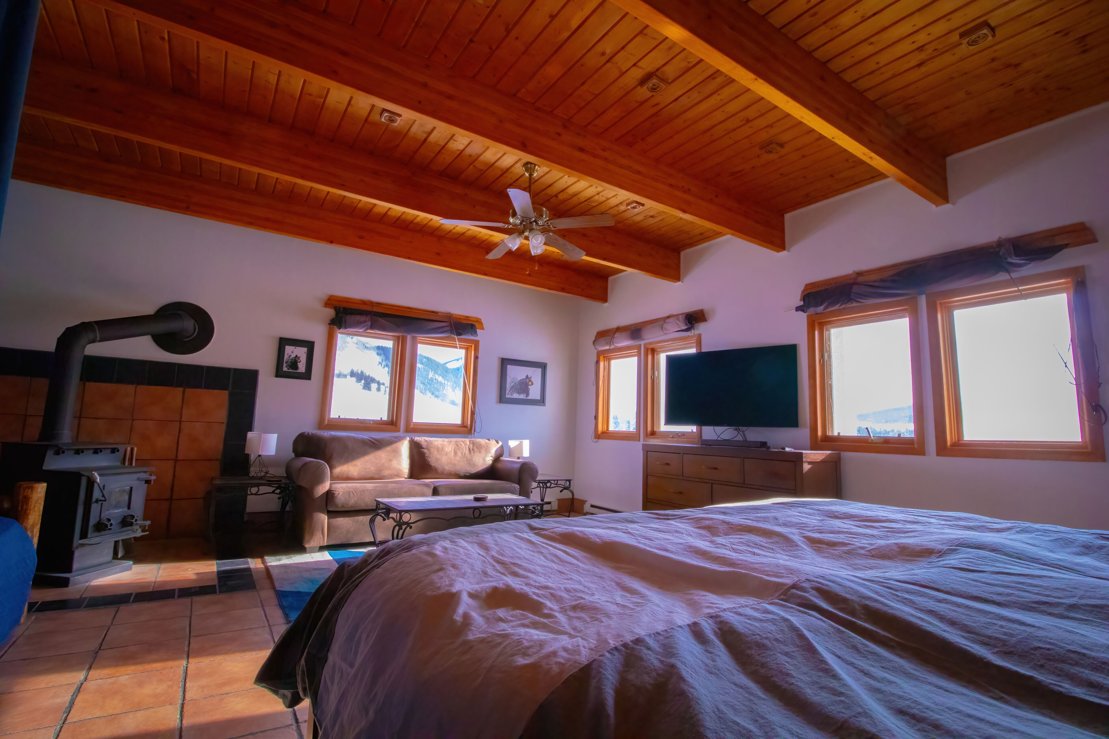 Ein Schlafzimmer mit Holzboden, einem Bett, einem Fernseher und einem Kamin.