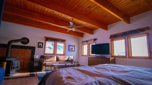 Ein Schlafzimmer mit Holzboden, einem Bett, einem Fernseher und einem Kamin.