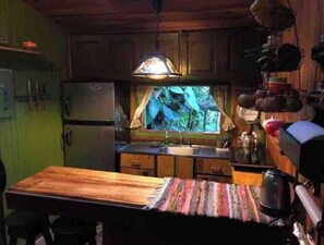 Enjoy cooking in this well-equipped kitchen with a central island and a window offering a view of the surrounding greenery.
